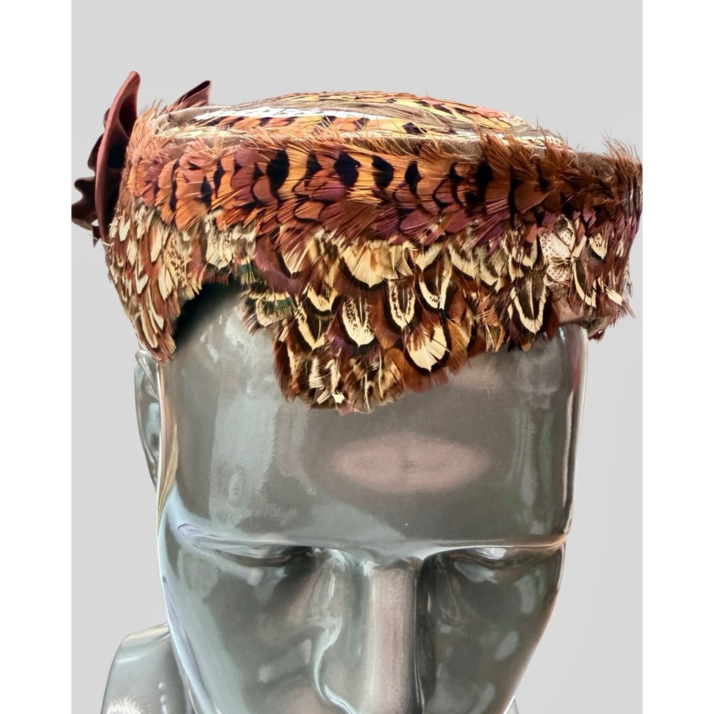 Vintage Pheasant Feather Pillbox Hat Brown Satin Bows